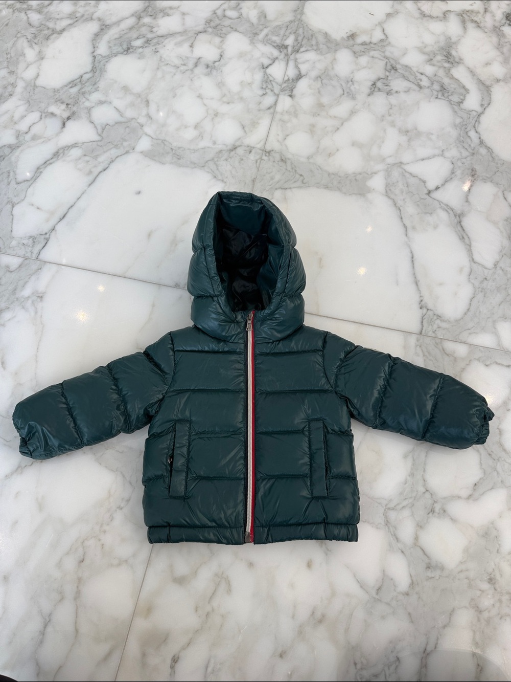 Moncler Kids Teal Hooded Down Puffer Jacket Tricolor Zip